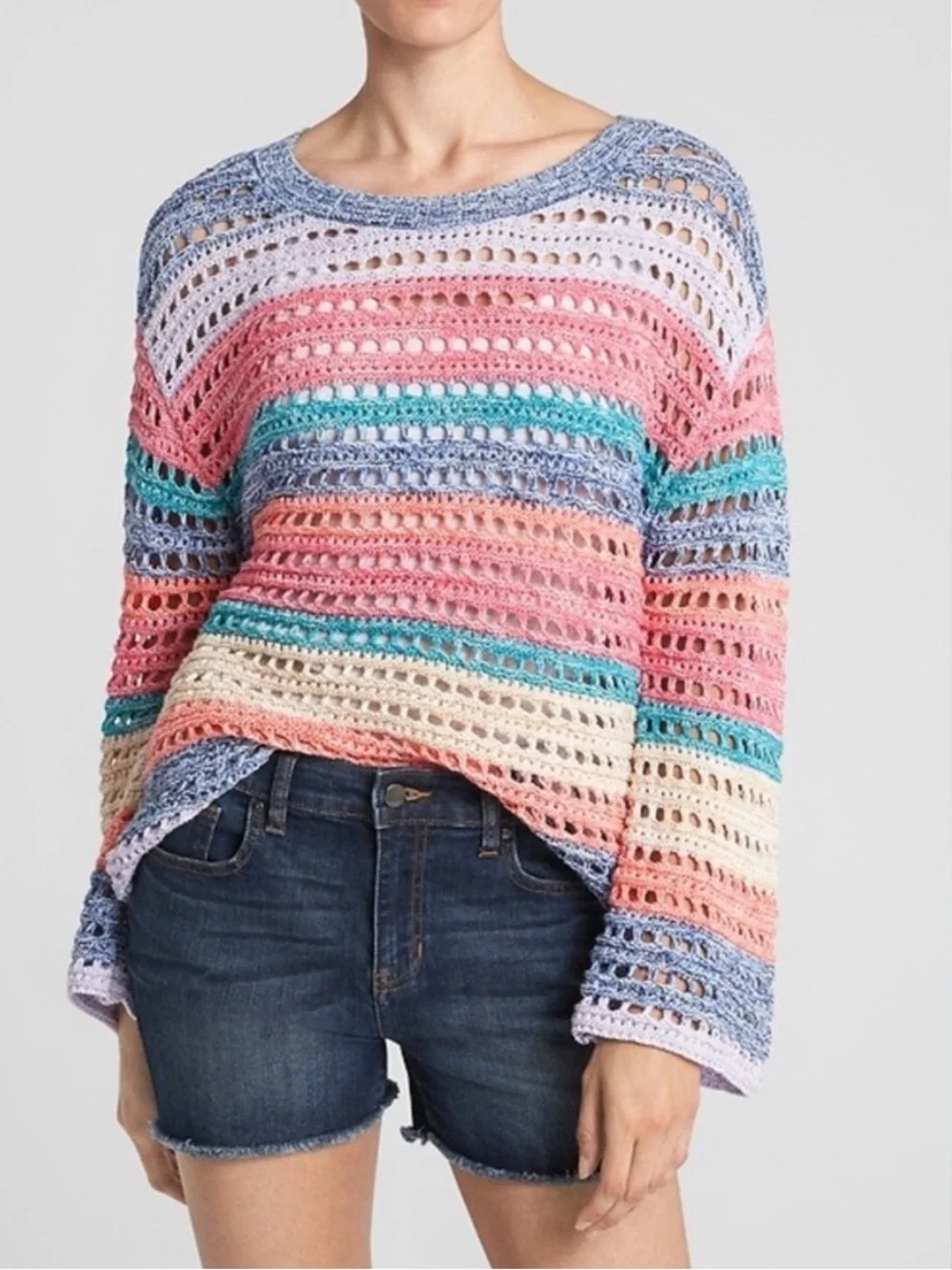 GAP Multi Color Long Bell Sleeve Crochet Pullover Cotton Colorful Sweater Small